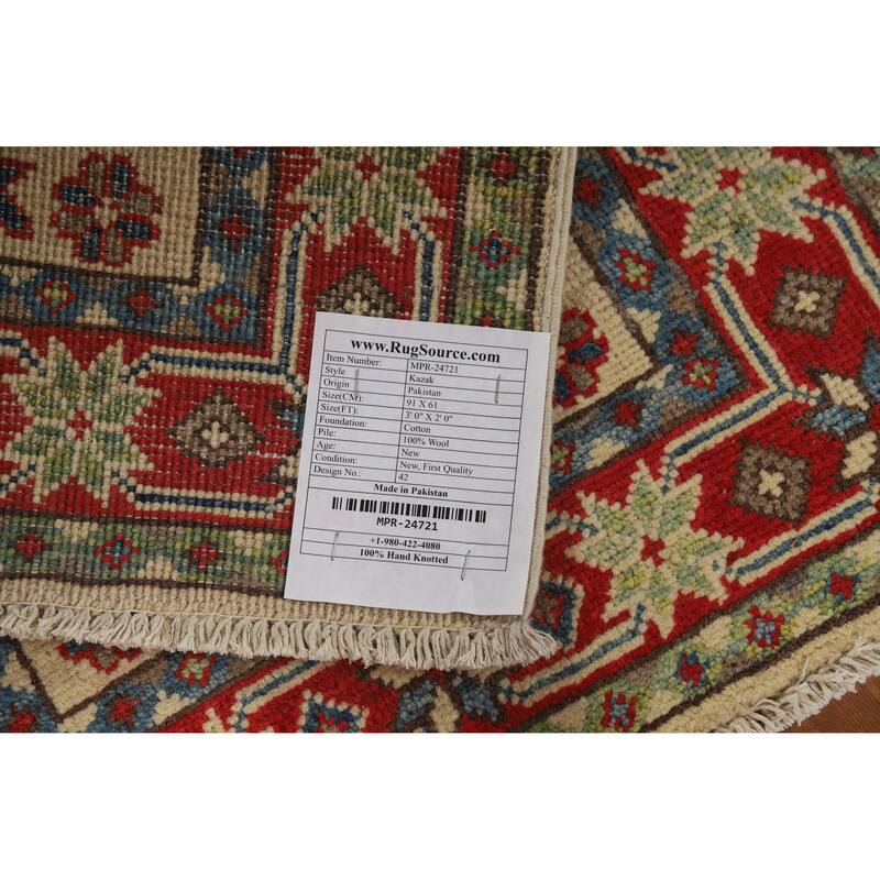 Traditional Kazak Rug Handmade Oriental Beige Wool Carpet - 2'0"x 3'0"
