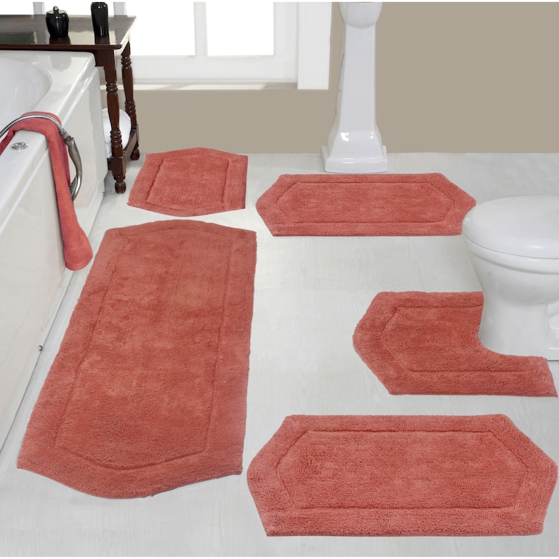 Waterford Collection 100% Cotton Non-Slip Bathroom Rug Set, Machine Washable Bath Rug, 5 Piece Bath Mat Set with Contour - Coral