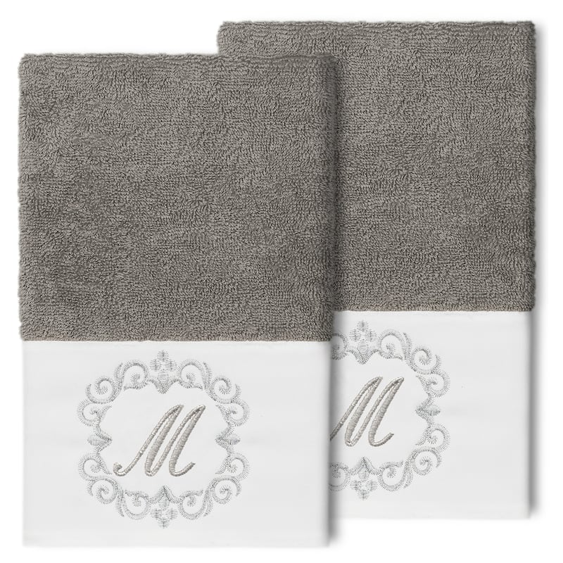 Authentic Hotel and Spa 100% Turkish Cotton Monica 2PC Embellished Hand Towel Set - M - Dark Gray