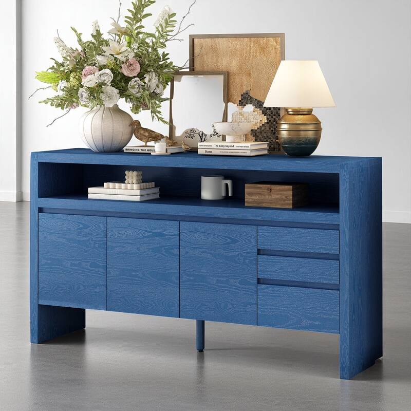 60" Modern Sideboard with 3 Drawers and 3 Doors, Ash Veneer Storage Cabinet with Semi-Open Shelf and Cable Cutout - Navy Blue