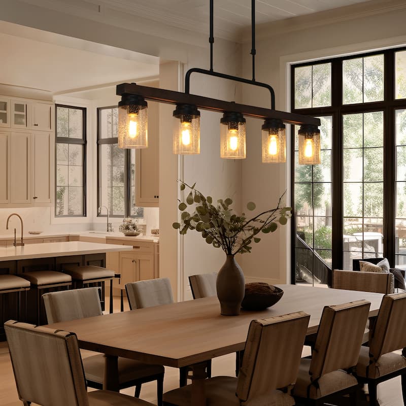 Modern Farmhouse 5-Light Wood Linear Chandelier Cylinder Glass Pendant Lights for Dining Room - 38.5"L x 12"H