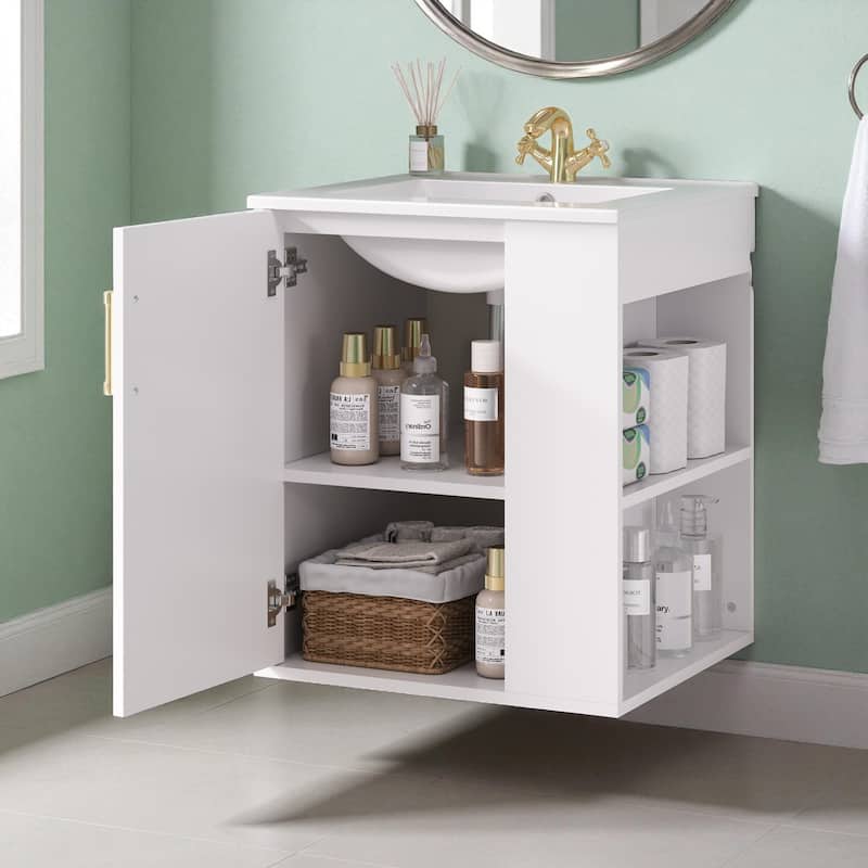 20" Wall Mounted Bathroom Vanity with Sink, Solid Pine & MDF Floating Cabinet with Side Storage & Soft-Close Door