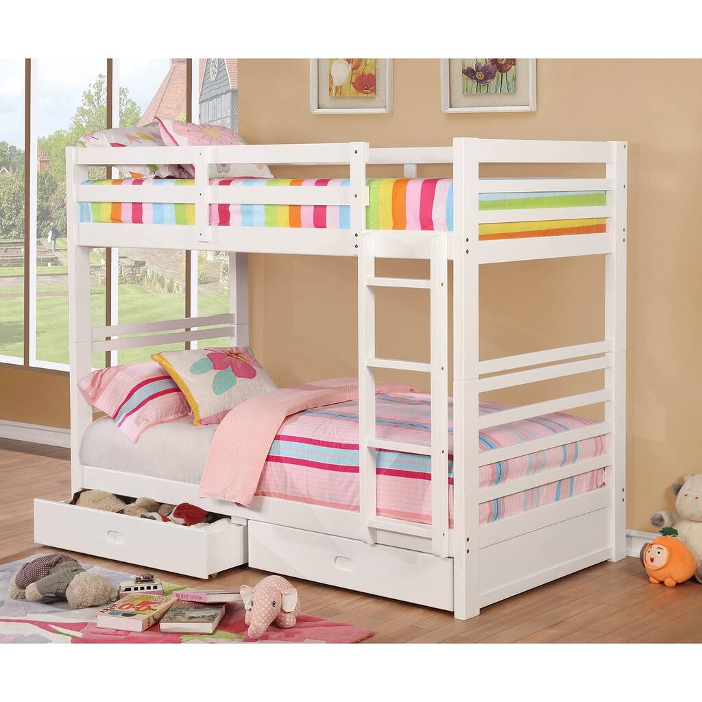 Twin Over Twin Bunk Bed with Two Drawers and Attached Ladder, White