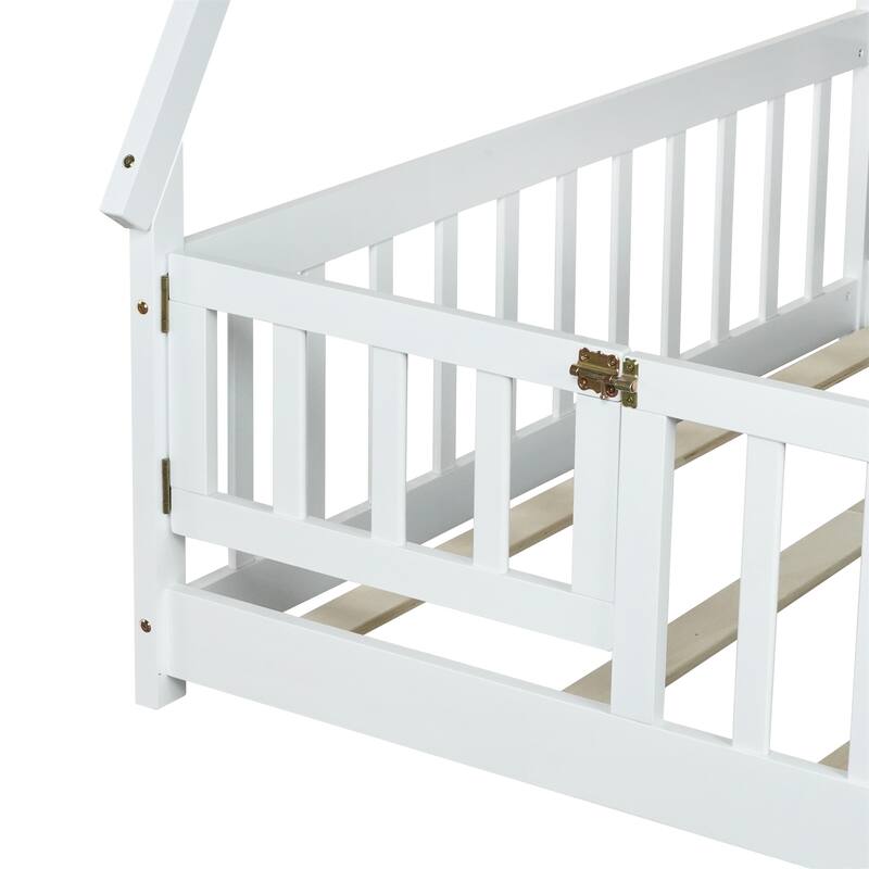 Full Size Rubber Wood Tent-shaped Floor Bed with Guardrails