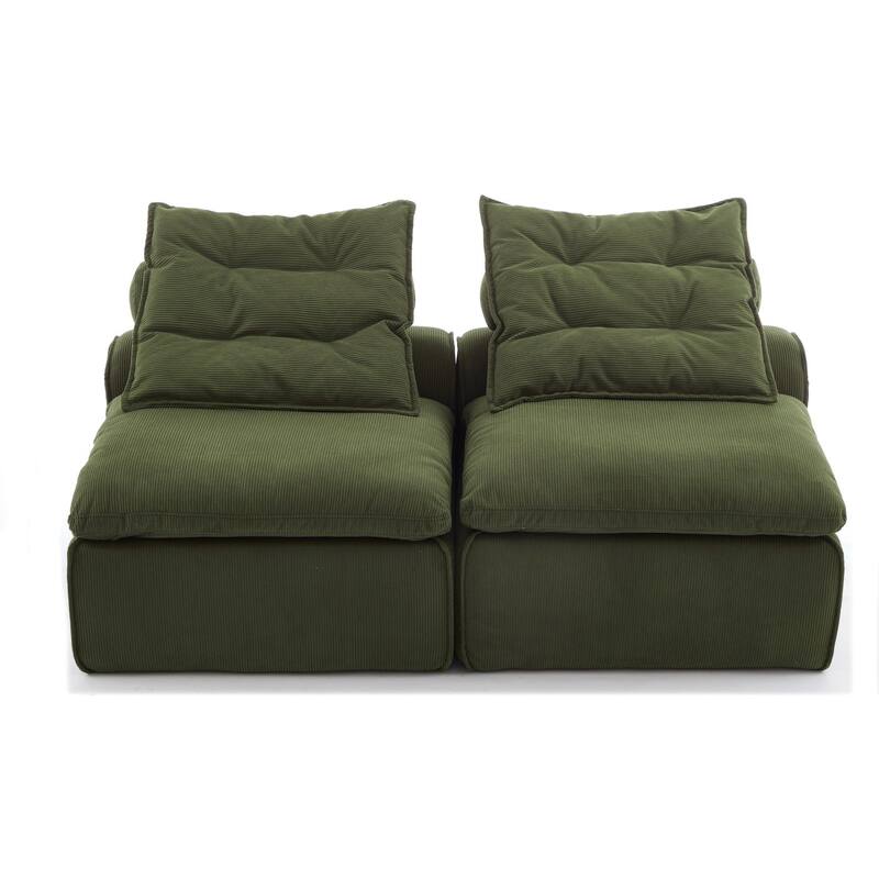 Modular 2-Seat Upholstered Green Sofa, DIY, Corduroy, with Neck & Lumbar Pillows