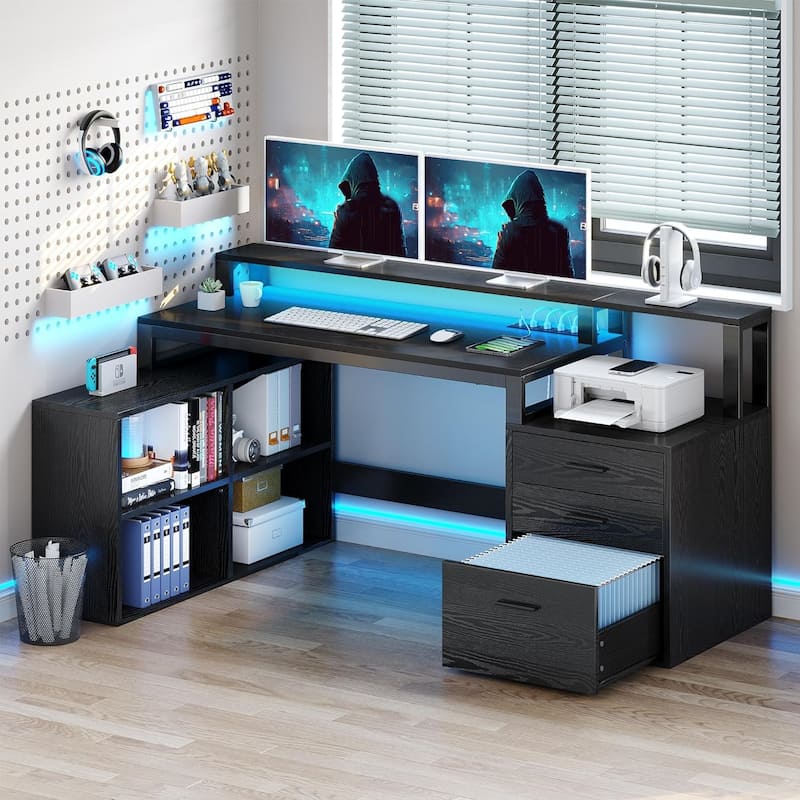 Moasis L Shaped Gaming Desk LED 65 Inch Computer Corner Desk with Monitor Stand and Storage Cabinet - Black