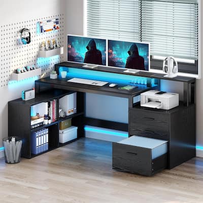Moasis L Shaped Gaming Desk LED 65 Inch Computer Corner Desk with Monitor Stand and Storage Cabinet