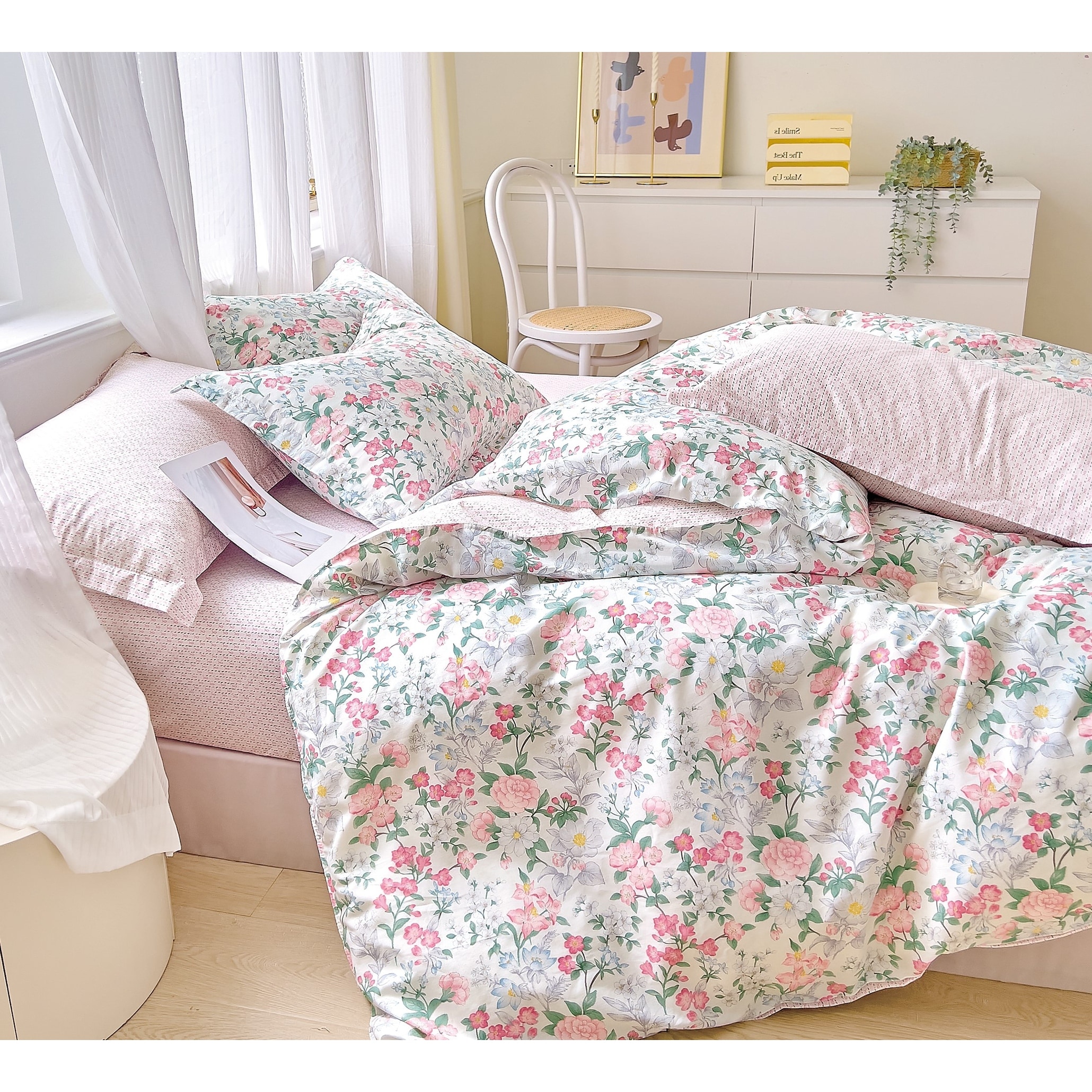 Ivy Bella Pink Floral 100% Cotton Reversible Comforter Set