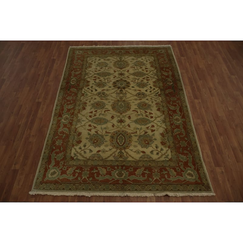 Hand Knotted Oriental 100% Wool Carpet Traditional Floral Beige & Ivories Peshawar Area Rug - 8' 6'' X 5' 11''