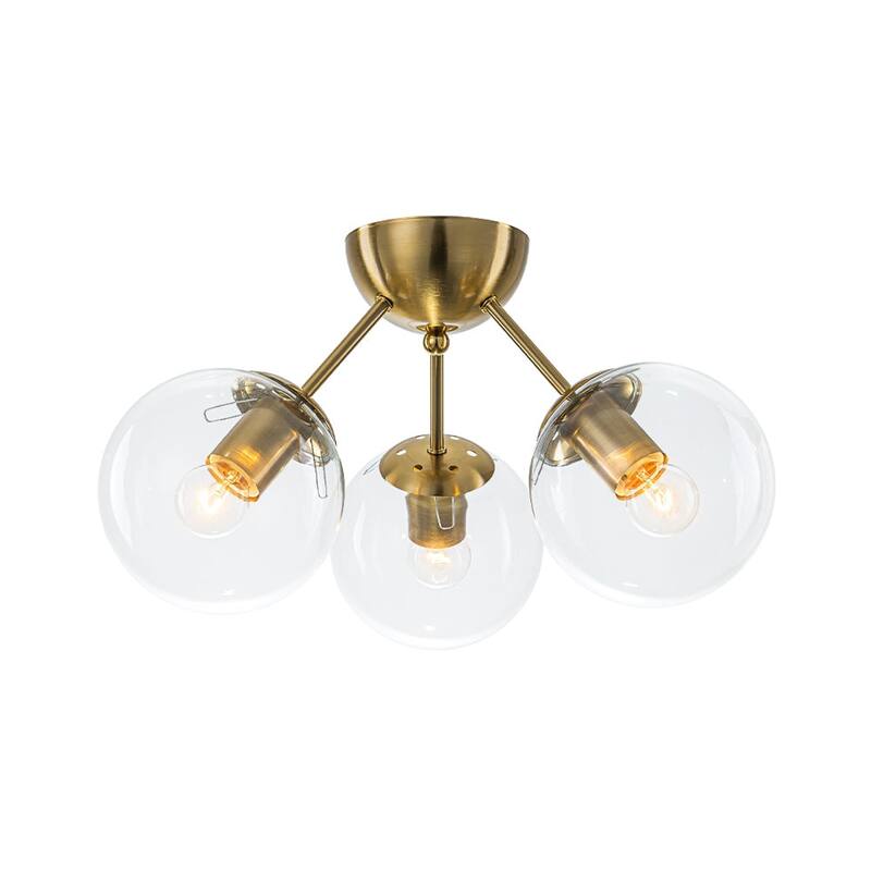 3-Light Brushed Brass Glass Globe Sputnik Semi Flush Mount
