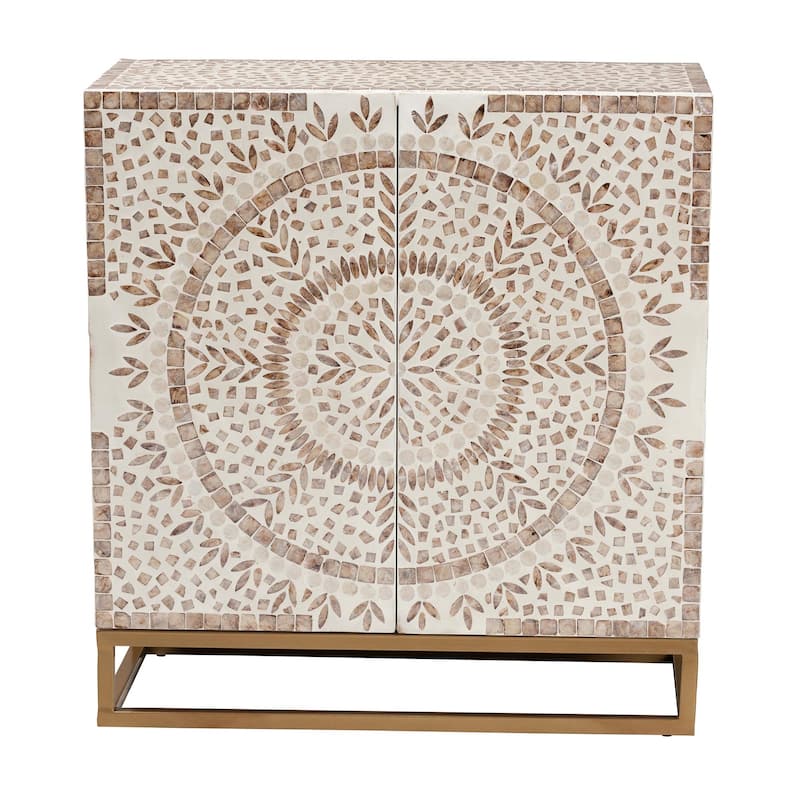 Ercilia Modern Bohemian White and Rustic Brown Mother of Pearl Storage Cabinet