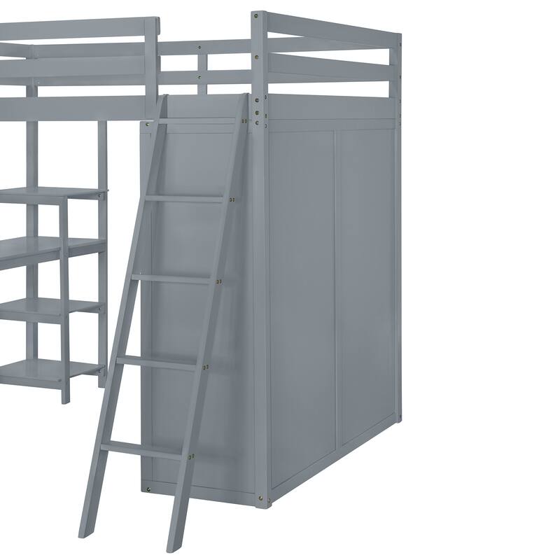 Full Pine Loft Bed with Wardrobe, Desk, Shelves, and Guardrail