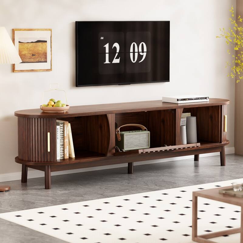 Farmhouse Curved TV Stand Entertainment Center for 75" TVs, Sliding Doors Television Cabinet Dark Brown TV Console Table