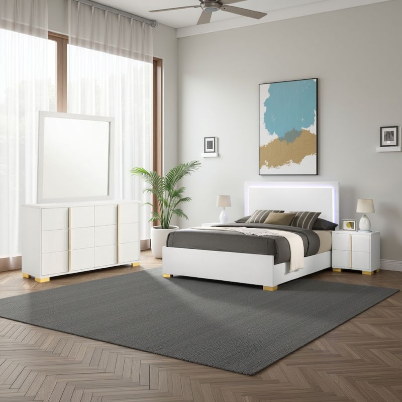 Dex 4pc Queen Bedroom Set with Modern LED Headboard, Mirror, White