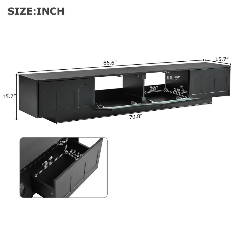 Functional TV Stand with Geometric Fluted Glass Doors, APP-Controlled LED Lighting for TVs Up to 95", Storage Cabinet & Drawers