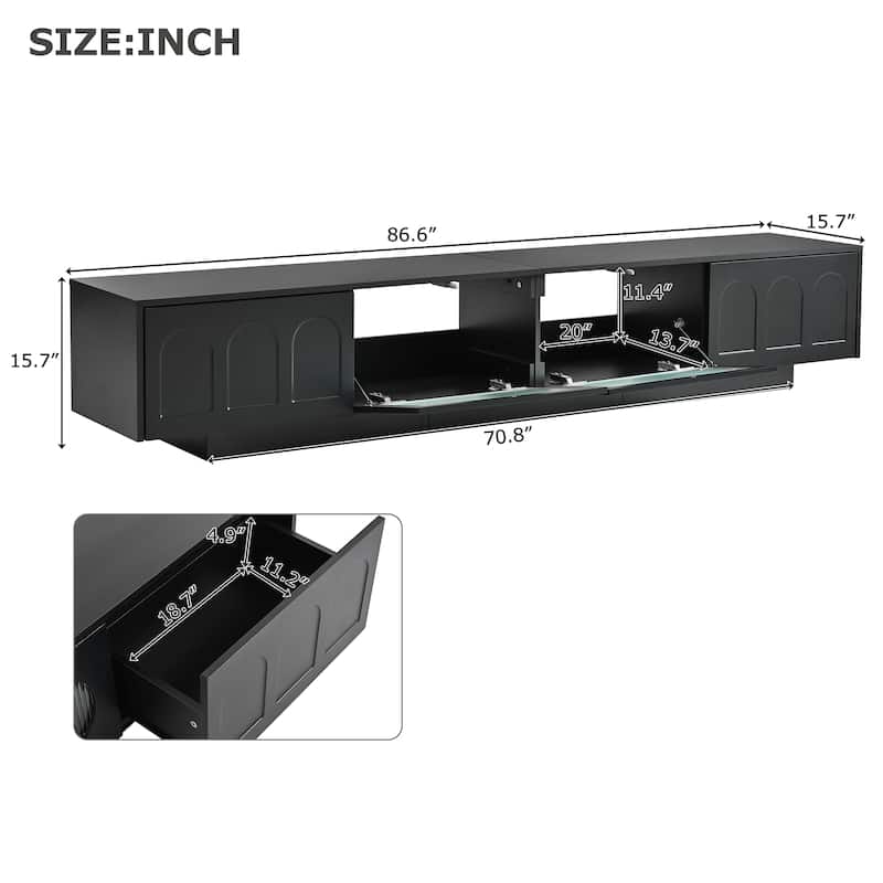 Modern LED TV Cabinet with Fluted Arched Tempered Glass Doors, 2 Drawers and 2 Cabinets, for Living Room, Black