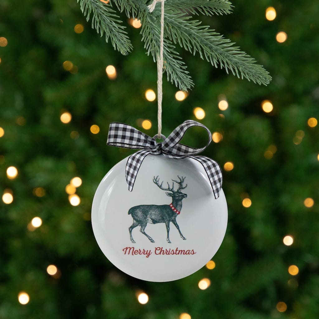 Reindeer "Merry Christmas" with a Plaid Bow Glass Disc Ornament - 4.5" - White and Black