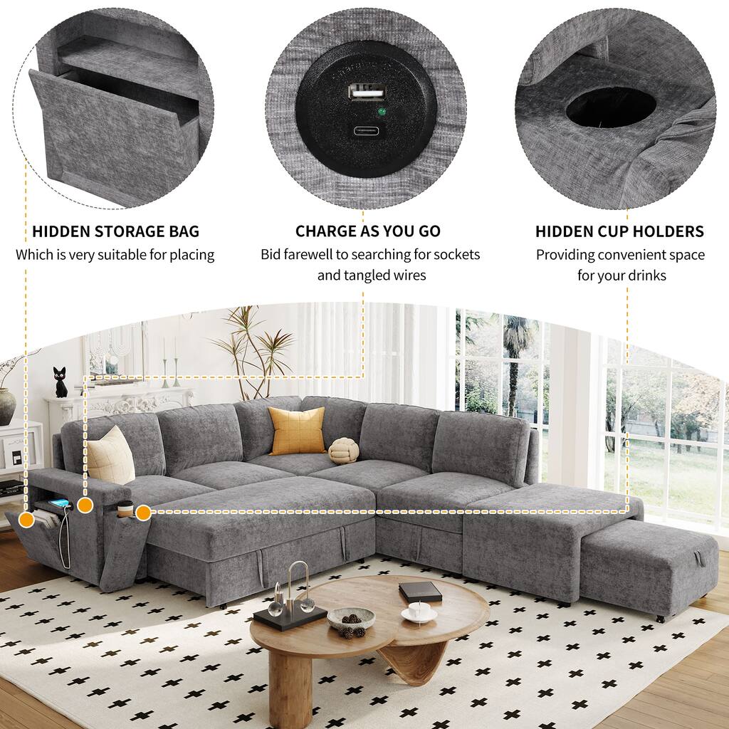 L-shaped Sectional with Pull-out Sofa Bed, Gray Padded Chaise Lounge with Hidden Storage, USB Ports, Cup Holders and Ottomans