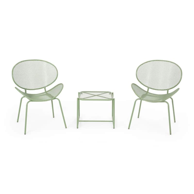Roomfitters Outdoor Chat Set 3 Piece Metal Conversation Seating Mesh Design Iron Chairs - Green