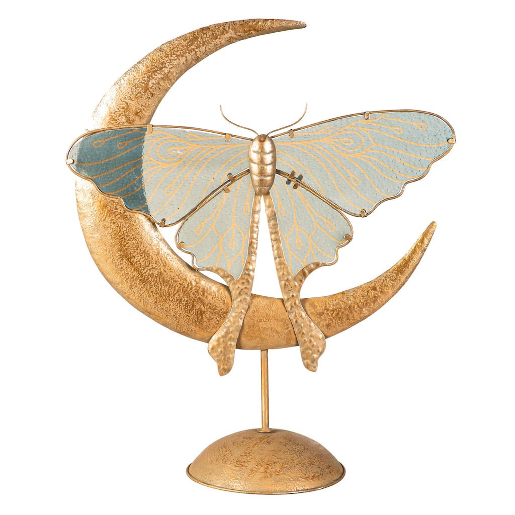22" Crescent Moon With Luna Moth Statue, Teal