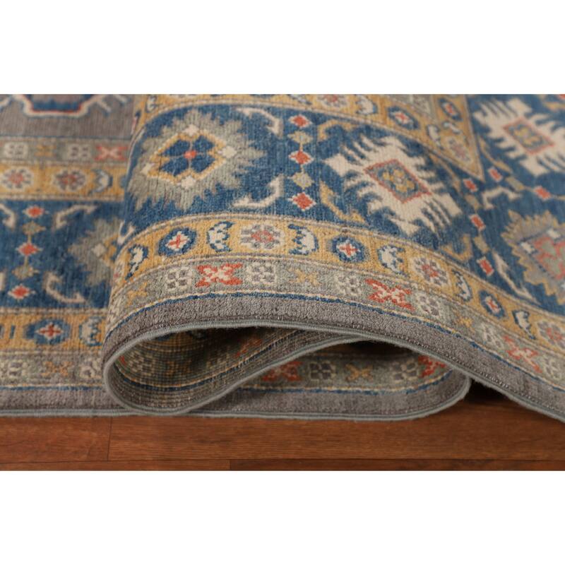 Hand Knotted Oriental 100% Wool Carpet Traditional Geometric Greys & Charcoal Kazak Area Rug - 9' 9'' X 6' 5''