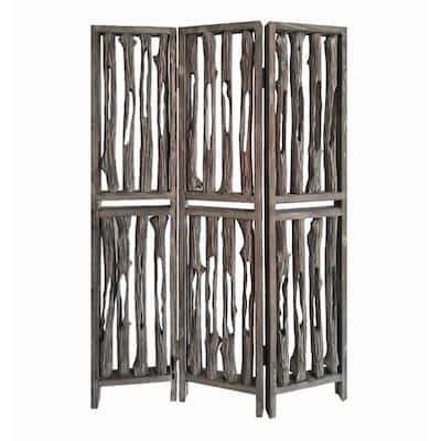 Contemporary 3 Panel Wooden Screen with Log Design, Brown