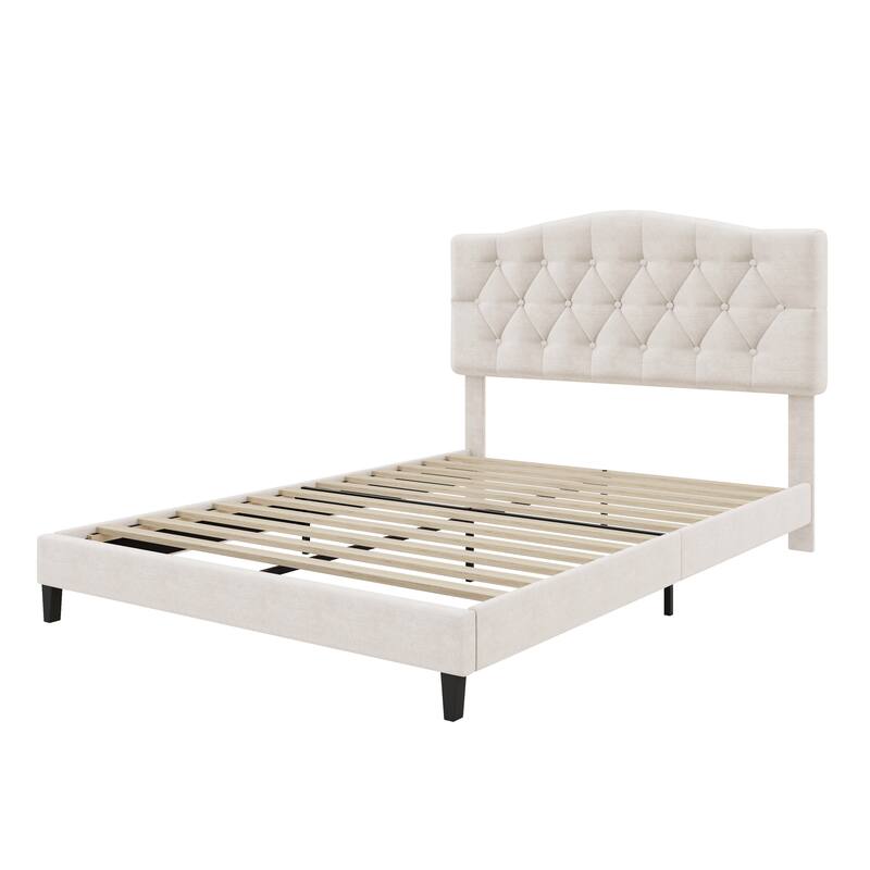 Full Upholstered Platform Bed with Saddle Curved Adjustable Headboard and Diamond Tufted Details, Wooden Slats and Metal Support