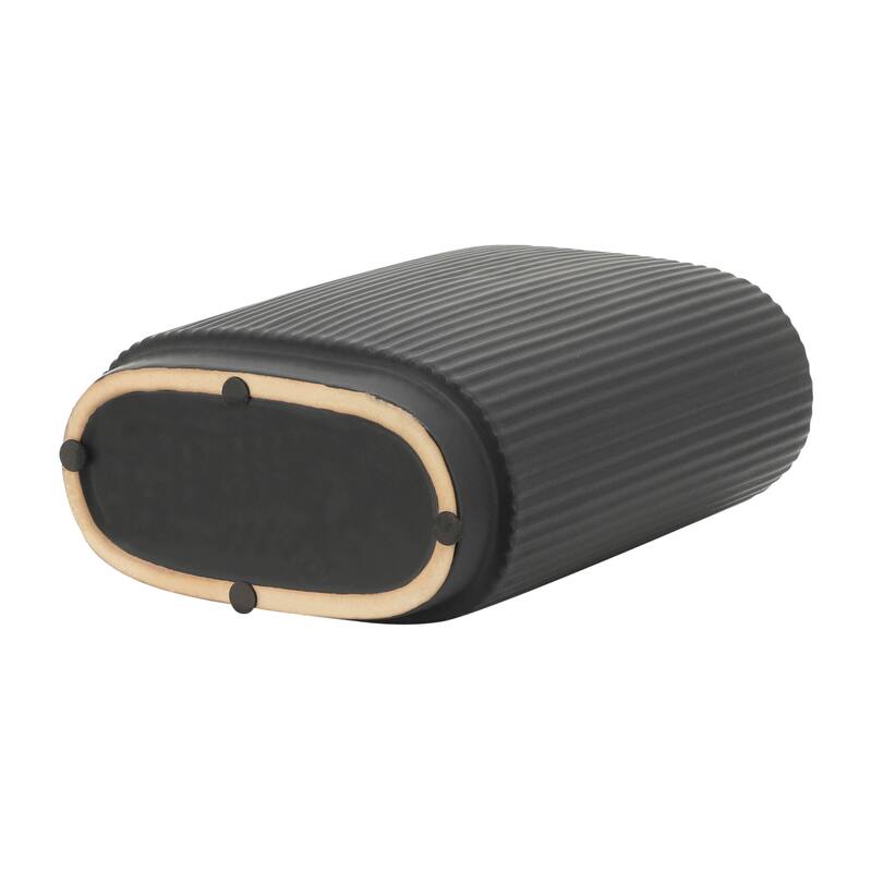 Ceramic Modern Ridged Decorative Vase - Black, 8"