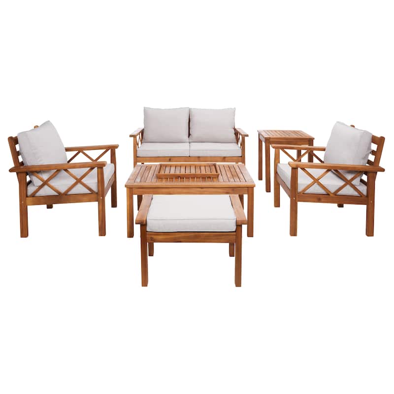 SAFAVIEH Outdoor Unnur 6-Piece Outdoor Set - 344W x 30D x 28H - Natural / Light Grey