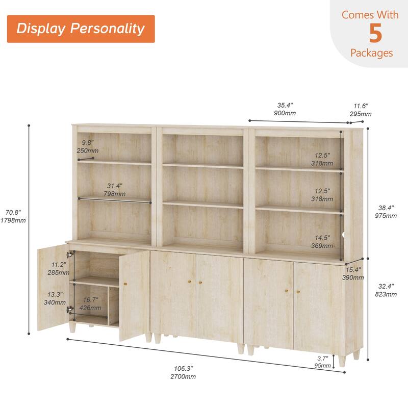 Modern 71" Tall Bookcase with Shelves & Storage Cabinet for Home Office