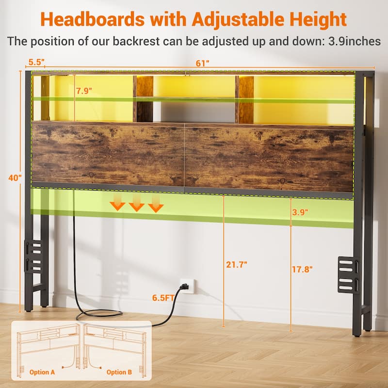 Headboard with Storage and Charge Station, Platform Bed Heaboard with LED Lights