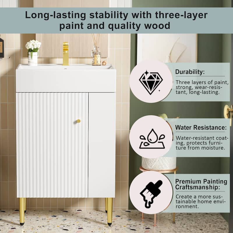 Anmytek 21.6 Inch White Bathroom Vanity Cabinet with Single Ceramic Sink and Right Side Storage