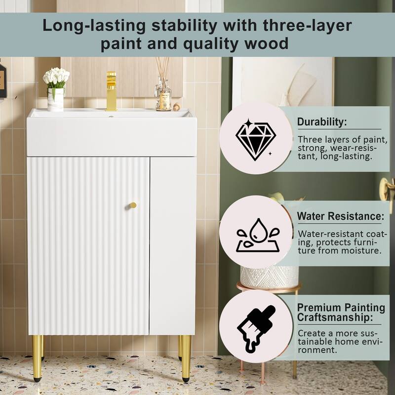 Bathroom Vanity With Combo Cabinet And Single Ceramic Sink, Right Side Storage, 21.6 Inches