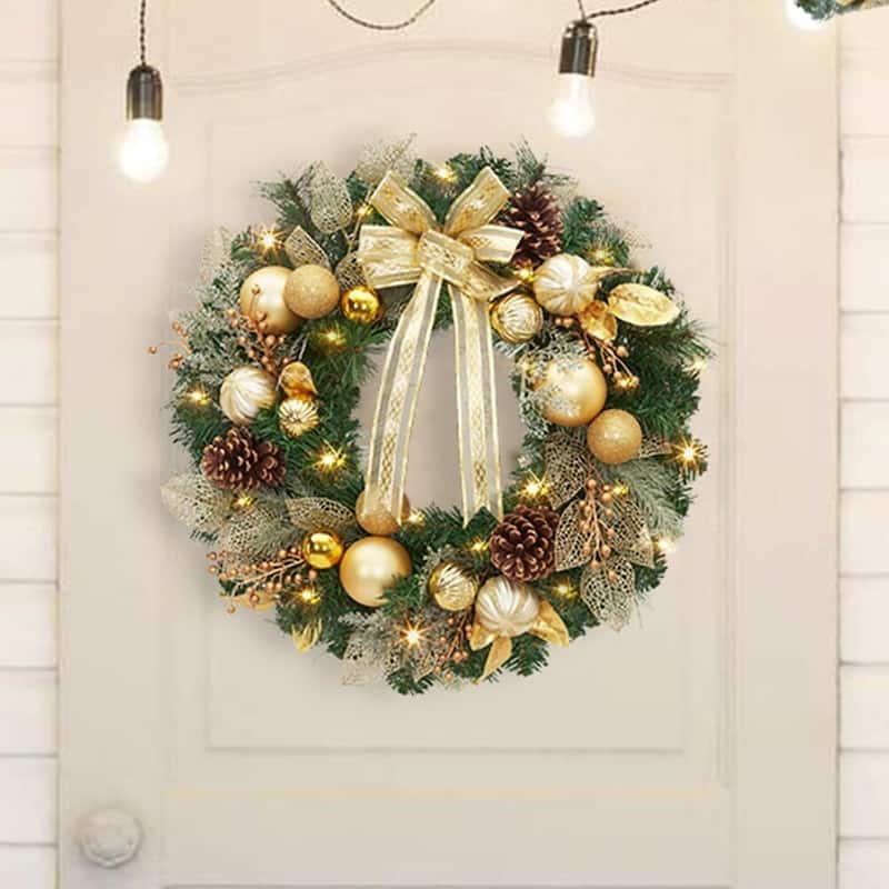 18 Inch Christmas Wreath with Christmas Balls, Pine Cones - N/A - Gold