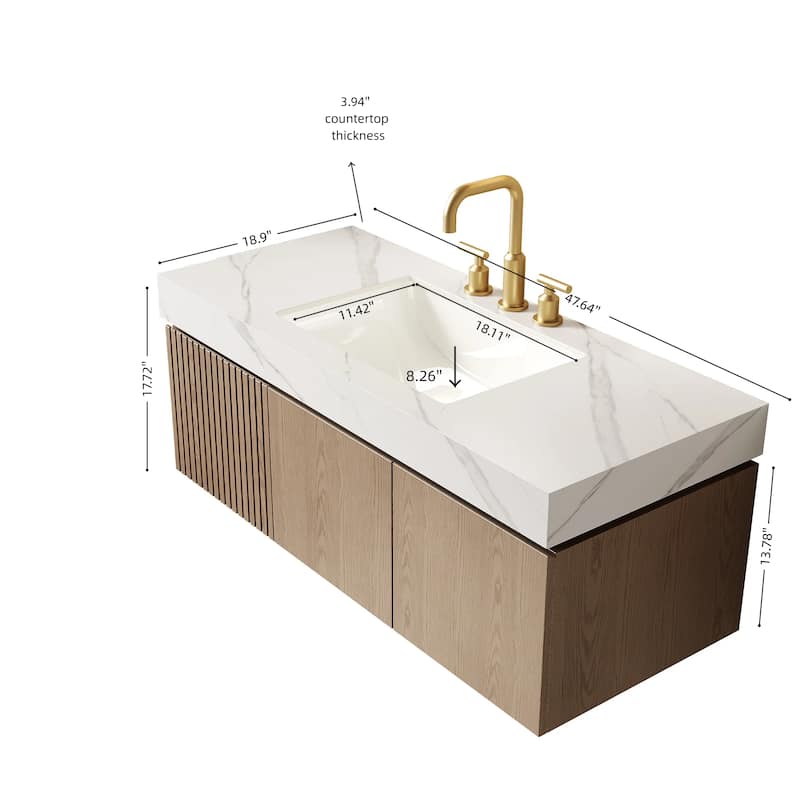 Floating Bathroom Vanity with Sintered Stone Top & Undermount Ceramic Basin with Three Pre-drilled Faucet Holes