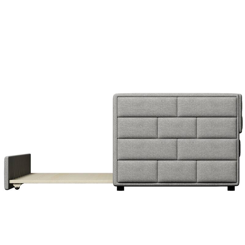 Twin Size Upholstered Daybed with Trundle, Upholstered Back Daybed Bed Frame with Wood Slats Supports for Bedroom