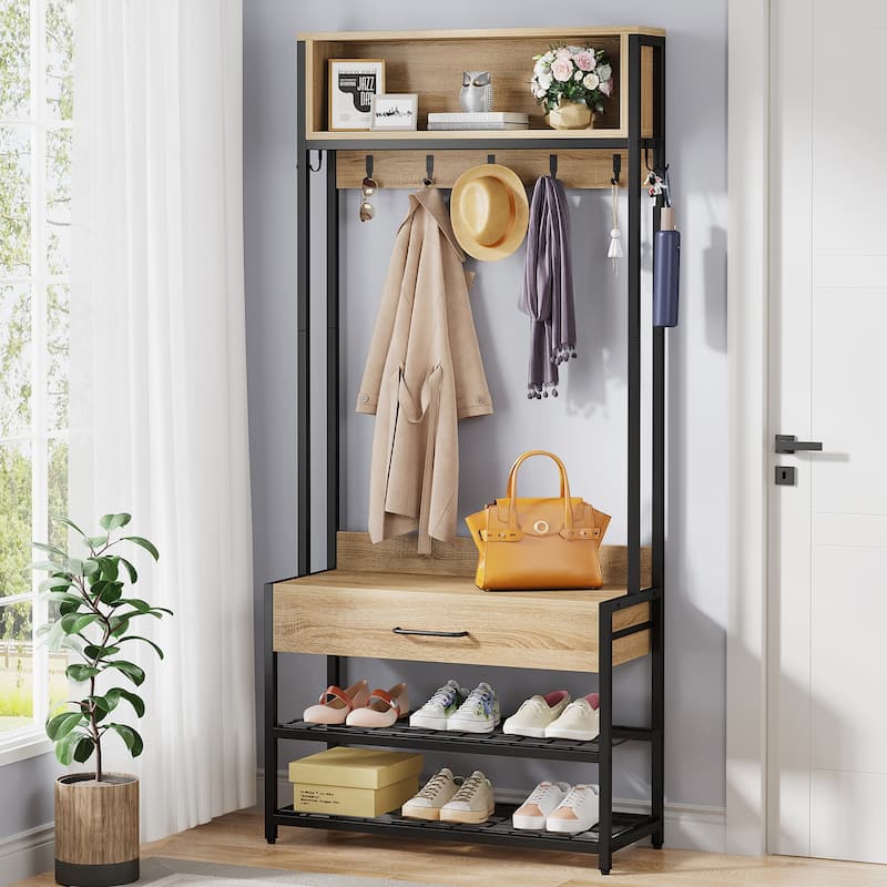 3-in-1 Rustic Brown Industrial Hall Tree with Shoe Bench and Hutch