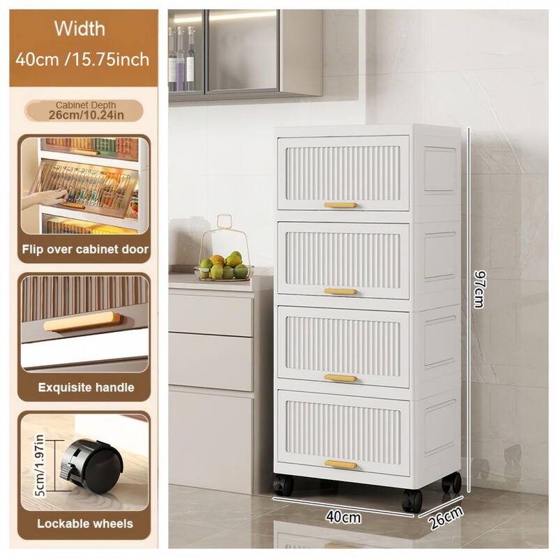Kitchen Cabinet, Flip Open Storage Box With Wheels, Movable Storage Cabinet, Kitchen Shelf, Movable Storage Box-White