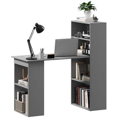 Space-Saving Grey Engineered Wood Computer Desk with 6-Tier Storage Shelves for Home or Office