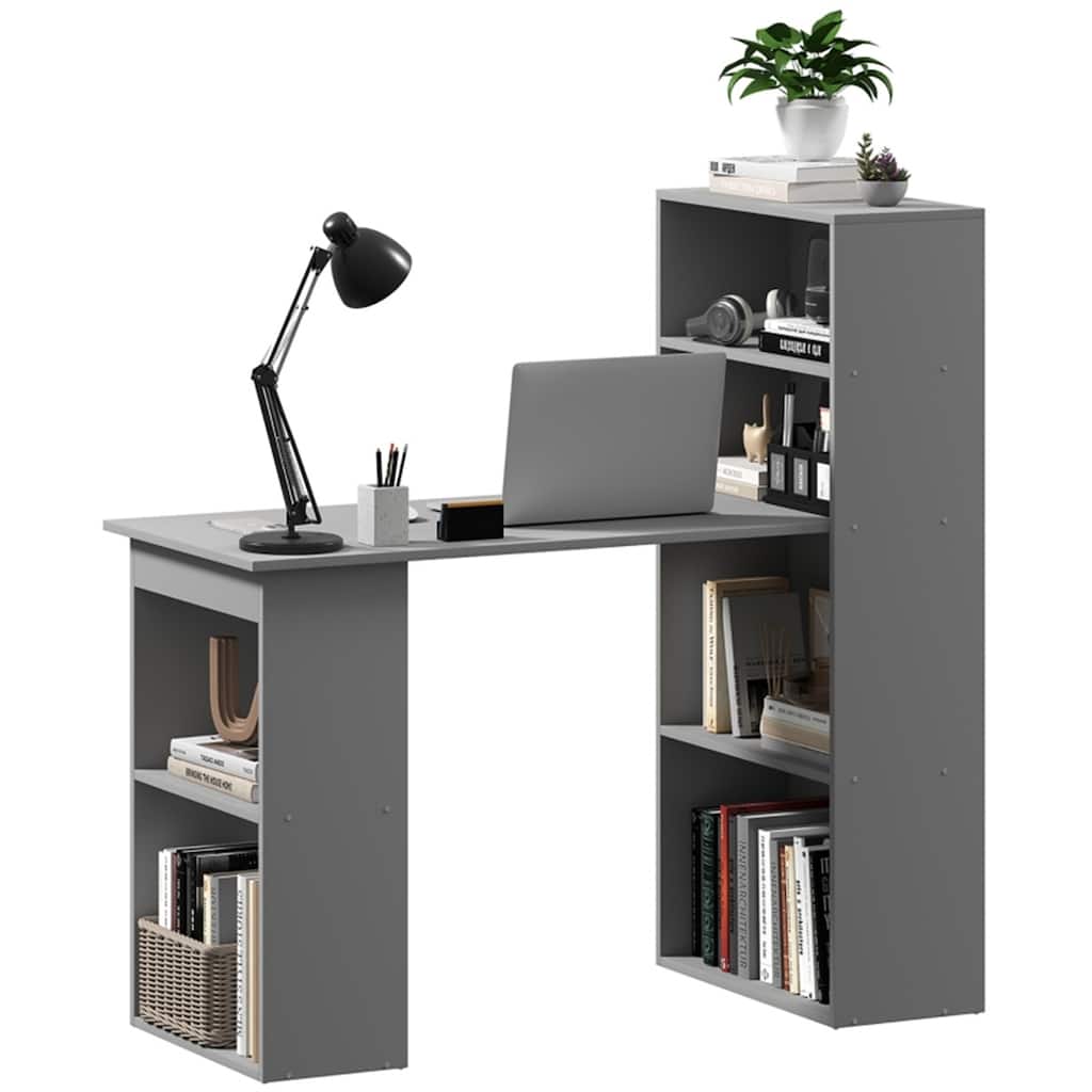 Space-Saving Grey Engineered Wood Computer Desk with 6-Tier Storage Shelves for Home or Office