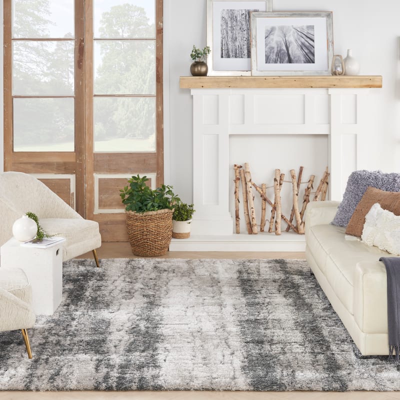 Nourison Luxurious Shag High Pile Contemporary Abstract Area Rug - 7' 10" x 9' 10" - Ivory/Charcoal