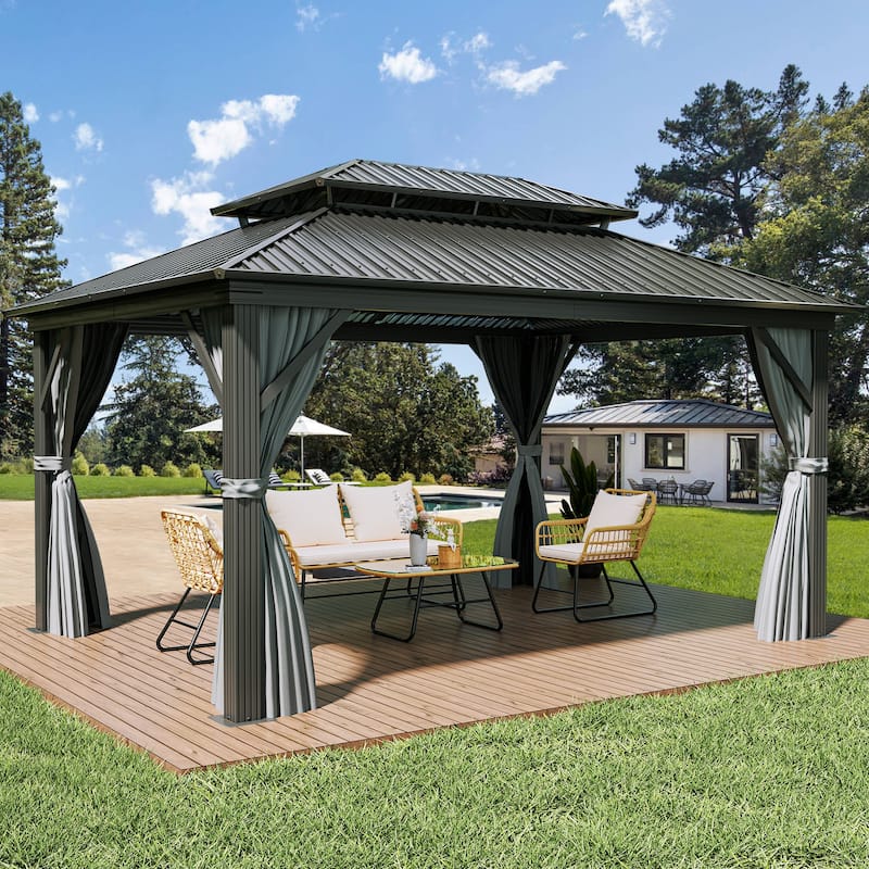 2-Tier Galvanized Aluminum Hardtop Canopy Gazebo with Netting and Curtains - Grey - 12*16FT