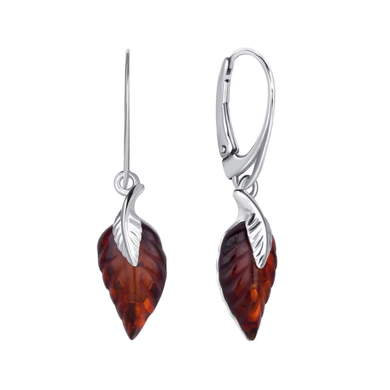 Baltic Amber Double Leaf Earrings Leverback in Sterling Silver