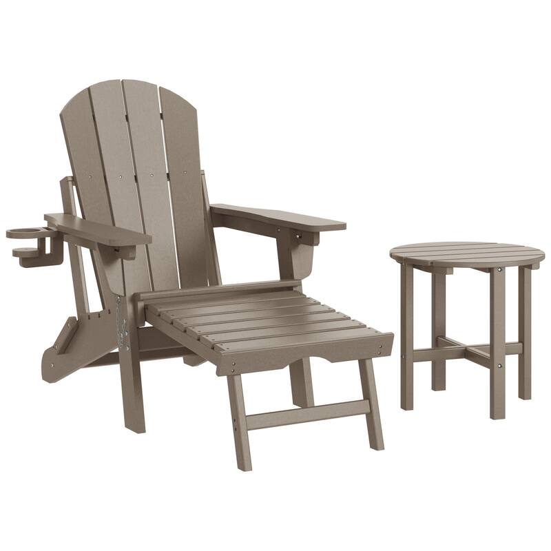 Laguna Outdoor Folding Adjustable Adirondack Chair with Hideaway Ottoman & Round Side Table - Weathered Wood