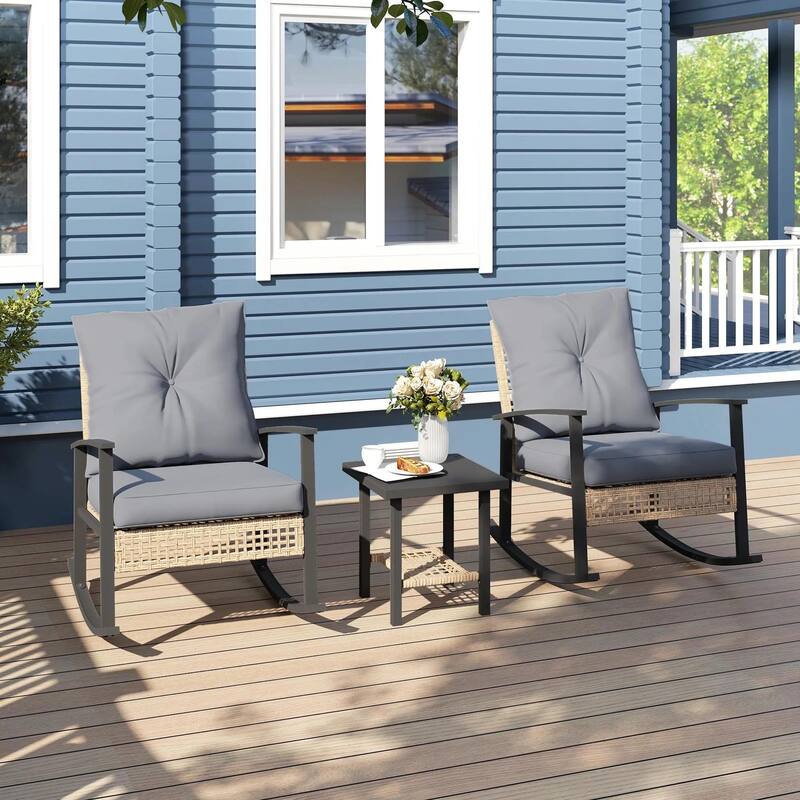 3-Piece Wicker Set, Rocking Chairs with Tufted Cushions,Coffee Table - Grey