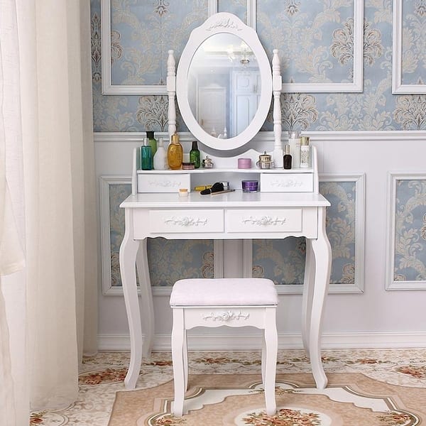 Shop Rotation White Mirror Dressing Vanity Table Makeup Desk With Stool Overstock 21556988
