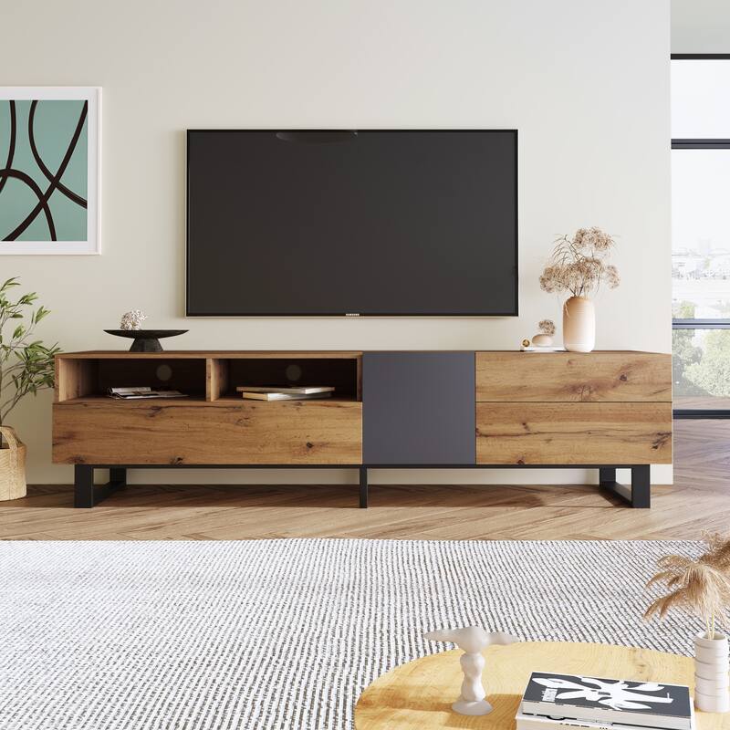Modern TV Stand, for TVs Up to 80 Inches with Open Shelving, 2 Drawers and Drop-Down Door, for Living Rooms and Bedrooms