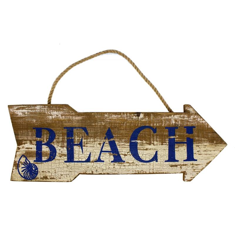 Beachcombers Beach Directional Arrow Wood Plaque Weathered Distressed Look - Blue and White