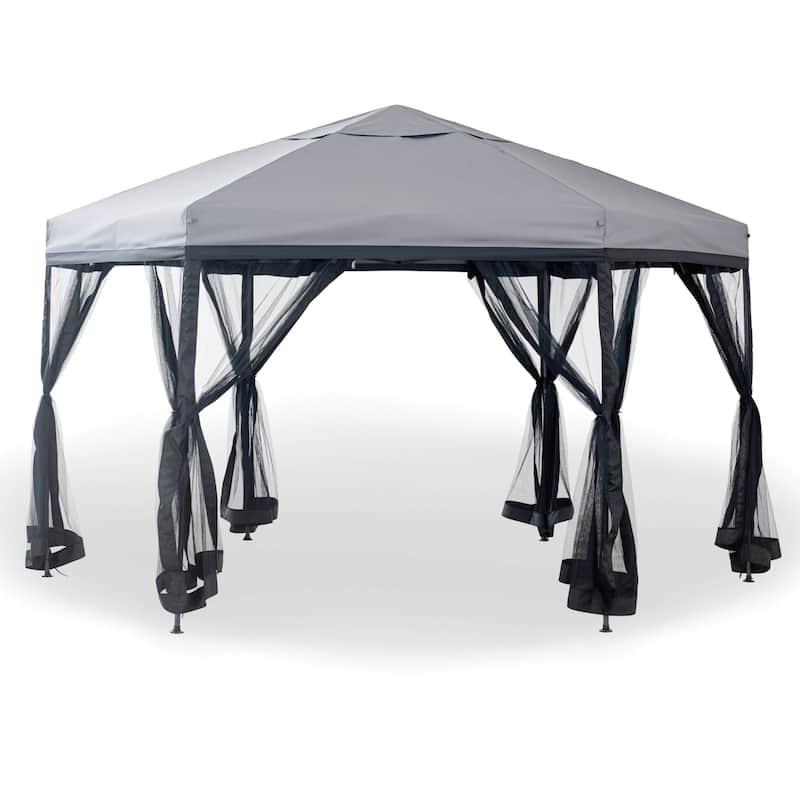 Furniture of America Tam 11x11 Outdoor Garden 2-tier Steel Gazebo with Soft Top Canopy and Mosquito Netting - Grey