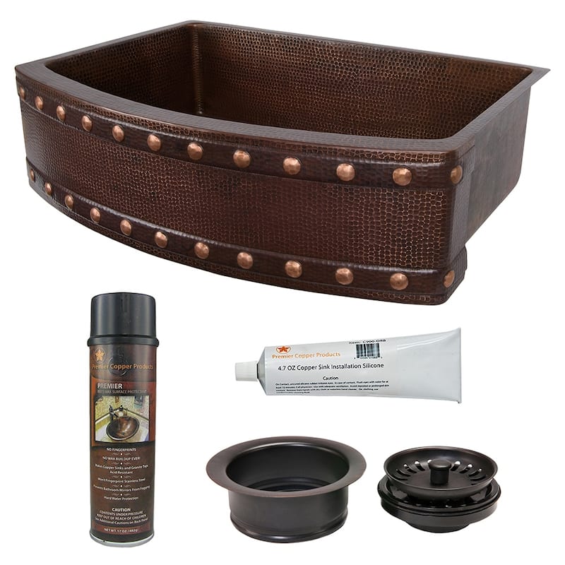 33-in Hammered Copper Kitchen Rounded Apron Single Basin Sink with Barrel Strap Design w/ Accessories (KSP3_KASRDB33249BS)